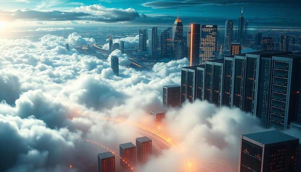 A sprawling cloud infrastructure, with towering data centers and sleek servers in the foreground, surrounded by a vibrant landscape of interconnected networks and technologies. The scene is bathed in a cool, metallic light, creating a sense of technological sophistication and efficiency. In the background, a cityscape of futuristic skyscrapers and glowing interfaces suggests the vast scale and reach of AWS, the pioneering cloud computing platform that has transformed the digital landscape. The overall composition conveys the power, complexity, and innovation that define the Amazon Web Services ecosystem.