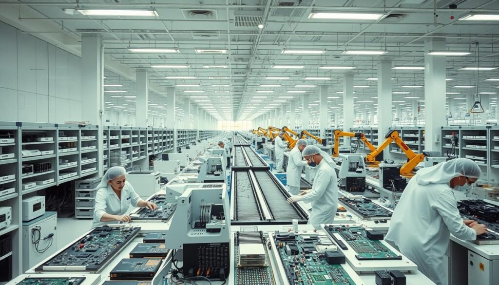 A sprawling electronics manufacturing facility, its vast factory floor illuminated by rows of fluorescent lights and filled with the hum of machinery. Pristine white walls, clean and orderly workstations, and gleaming metal shelves stocked with components. In the foreground, technicians in crisp white coats and hairnets meticulously assemble circuit boards, their movements precise and efficient. The middle ground reveals a maze of conveyor belts transporting finished products, while in the background, robotic arms weld and solder with lightning speed. The scene exudes a sense of technological prowess, efficiency, and the relentless pursuit of innovation that defined Samsung's rise in the 1980s.
