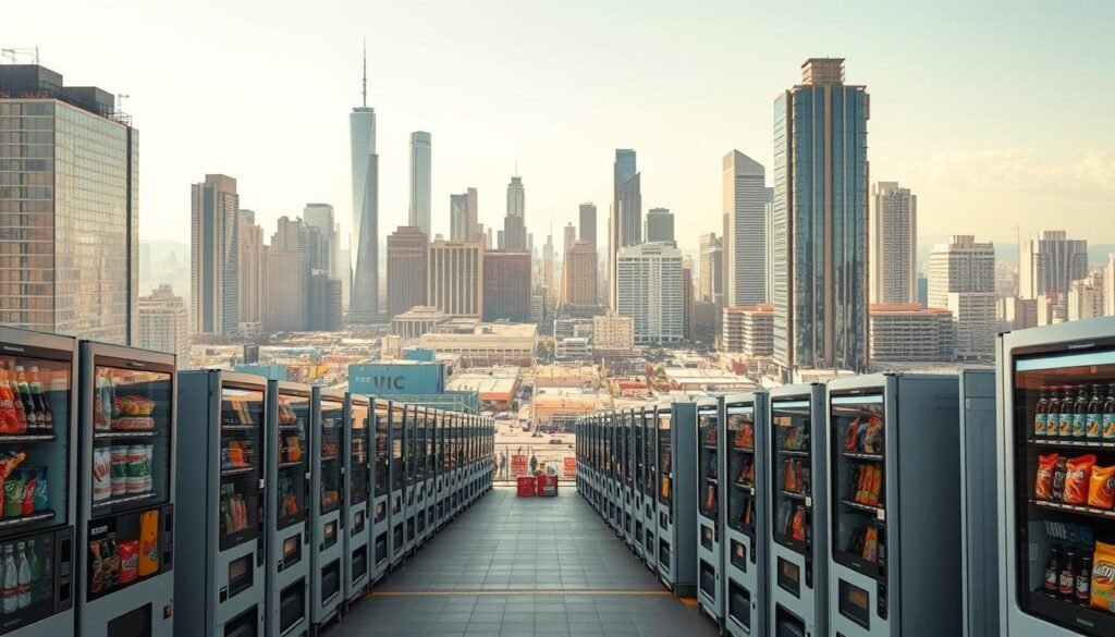 A sprawling vending machine empire, its presence expanding across the cityscape. In the foreground, rows of sleek, modern machines stand ready to dispense an array of snacks and beverages. The middle ground reveals a bustling logistics hub, where efficient systems oversee the smooth replenishment of stock. In the background, towering skyscrapers and a vibrant urban landscape hint at the scale and reach of this thriving business. Bright, natural lighting illuminates the scene, casting a sense of growth and prosperity. Wide-angle lens captures the dynamic, multi-layered composition, conveying the potential for exponential expansion of this vending machine empire.