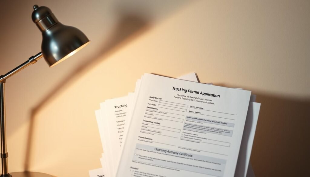 A stack of official-looking documents and forms against a plain background, casting soft shadows. The documents feature headers like "Trucking Permit Application" and "Operating Authority Certificate", with various fields filled out neatly. A classic metal desk lamp illuminates the scene, creating a professional, administrative atmosphere. The lighting is warm and slightly muted, conveying a sense of diligence and attention to detail. The overall composition suggests the importance of securing the proper paperwork and credentials to legally operate a commercial trucking business in the United States.