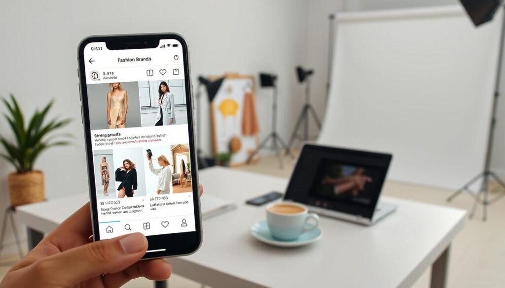 A stylish social media feed showcasing fashion brand content. In the foreground, a smartphone screen displays a curated feed of visually striking product shots, runway images, and influencer collaborations. The middle ground features a minimalist desktop workspace with a laptop, coffee mug, and mood board of fabric swatches and color palettes. In the background, a clean, well-lit studio space with softbox lighting and a simple backdrop captures the essence of a professional fashion photoshoot. The overall scene conveys a polished, high-end aesthetic that reflects the brand's premium positioning and digital marketing savvy.