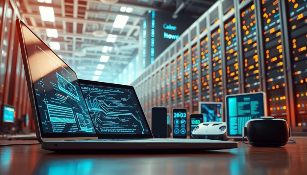 A technologically advanced scene depicting the innovative breakthroughs that have shaped Google's growth. In the foreground, a sleek, futuristic-looking laptop displays intricate algorithms and lines of code, hinting at the software innovations that have driven the company's success. The middle ground features an array of cutting-edge devices, from smartphones to virtual reality headsets, showcasing the diverse technological offerings that have expanded Google's reach. In the background, a towering data center looms, its banks of servers and blinking lights symbolizing the powerful infrastructure that supports Google's global operations. The scene is bathed in a warm, ambient lighting that conveys a sense of progress and technological prowess.