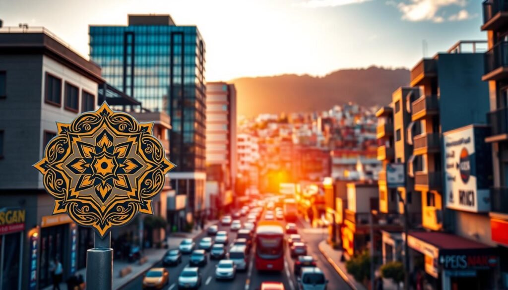 A thriving Moroccan partnership company set against a backdrop of bustling city streets. In the foreground, the company's emblem stands out, elegantly crafted with intricate patterns and a bold, regal typeface. The middle ground reveals a modern, multi-story office building, its glass facade reflecting the surrounding architecture. In the distance, a vibrant mix of traditional and contemporary structures create a dynamic urban landscape, bathed in warm, golden light from the setting sun. The overall scene conveys a sense of stability, professionalism, and the collaborative spirit at the heart of a Moroccan "شركة التضامن".