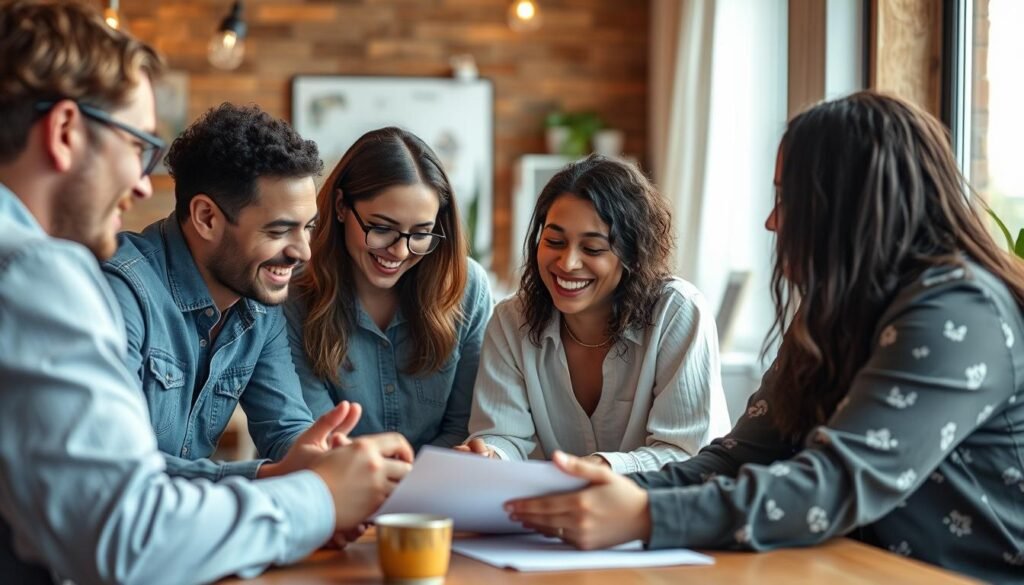 A vibrant and harmonious team of diverse individuals, each contributing their unique skills and perspectives, working in a warm and inspiring environment. Soft lighting casts a gentle glow, highlighting the collaborative spirit and trust among the partners as they brainstorm and plan their venture. The scene exudes a sense of camaraderie, with subtle gestures and facial expressions conveying mutual understanding and shared purpose. The overall composition suggests a well-balanced, synergistic partnership poised for success.