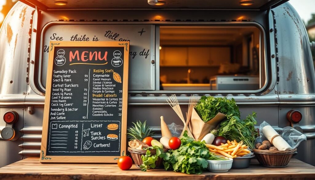 A vibrant food truck menu design, showcasing a variety of mouthwatering dishes against a backdrop of a weathered, metallic exterior. In the foreground, a hand-painted chalkboard menu board displays an array of tempting options, with bold typography and playful illustrations. The middle ground features a collection of fresh, locally-sourced ingredients, artfully arranged to highlight their quality and appeal. Soft, warm lighting casts a cozy glow over the scene, creating an inviting atmosphere that captures the spirit of a thriving food truck culture. The composition is balanced and visually striking, drawing the viewer's attention to the menu's centerpiece and conveying a sense of culinary creativity and passion. A vibrant food truck menu design, showcasing a variety of mouthwatering dishes against a backdrop of a weathered, metallic exterior. In the foreground, a hand-painted chalkboard menu board displays an array of tempting options, with bold typography and playful illustrations. The middle ground features a collection of fresh, locally-sourced ingredients, artfully arranged to highlight their quality and appeal. Soft, warm lighting casts a cozy glow over the scene, creating an inviting atmosphere that captures the spirit of a thriving food truck culture. The composition is balanced and visually striking, drawing the viewer's attention to the menu's centerpiece and conveying a sense of culinary creativity and passion.