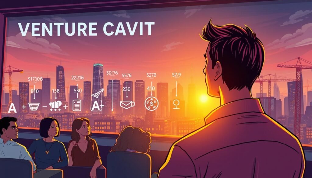 A vibrant illustration depicting the stages of venture capital funding, from seed to series D+. In the foreground, a startup founder pitches to a panel of attentive investors, their faces lit by a warm, golden glow. In the middle ground, a timeline of funding stages unfolds, each step represented by a distinctive icon - a seed, a series A, a series B, and so on. The background features a cityscape, skyscrapers and cranes signifying the growth and expansion of successful ventures. The scene is captured with a cinematic, slightly wide-angle lens, conveying a sense of scale and importance. The overall mood is one of dynamism, opportunity, and the thrill of the entrepreneurial journey.