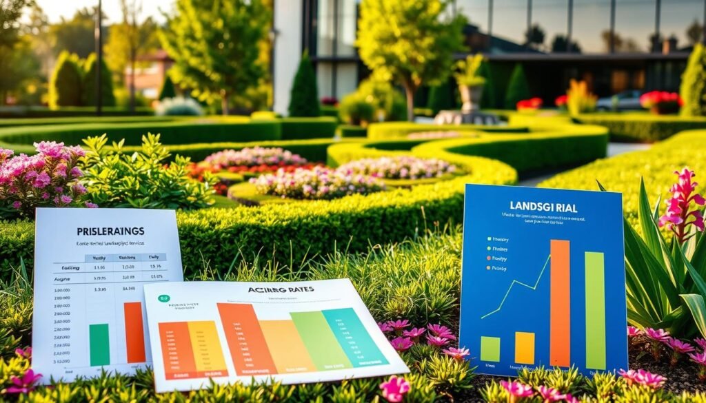 A vibrant landscape featuring various pricing strategies for landscaping services. In the foreground, an array of colorful pricing charts and graphs, showcasing hourly rates, package deals, and tiered service offerings. The middle ground depicts a lush garden setting, with neatly trimmed hedges and flourishing plants, hinting at the quality of work. In the background, a modern office building with large windows, suggesting a professional, well-equipped landscaping business. The scene is bathed in warm, natural lighting, conveying a sense of balance and professionalism. The overall atmosphere is one of careful consideration and strategic pricing, highlighting the importance of providing value-driven landscaping services. A vibrant landscape featuring various pricing strategies for landscaping services. In the foreground, an array of colorful pricing charts and graphs, showcasing hourly rates, package deals, and tiered service offerings. The middle ground depicts a lush garden setting, with neatly trimmed hedges and flourishing plants, hinting at the quality of work. In the background, a modern office building with large windows, suggesting a professional, well-equipped landscaping business. The scene is bathed in warm, natural lighting, conveying a sense of balance and professionalism. The overall atmosphere is one of careful consideration and strategic pricing, highlighting the importance of providing value-driven landscaping services.