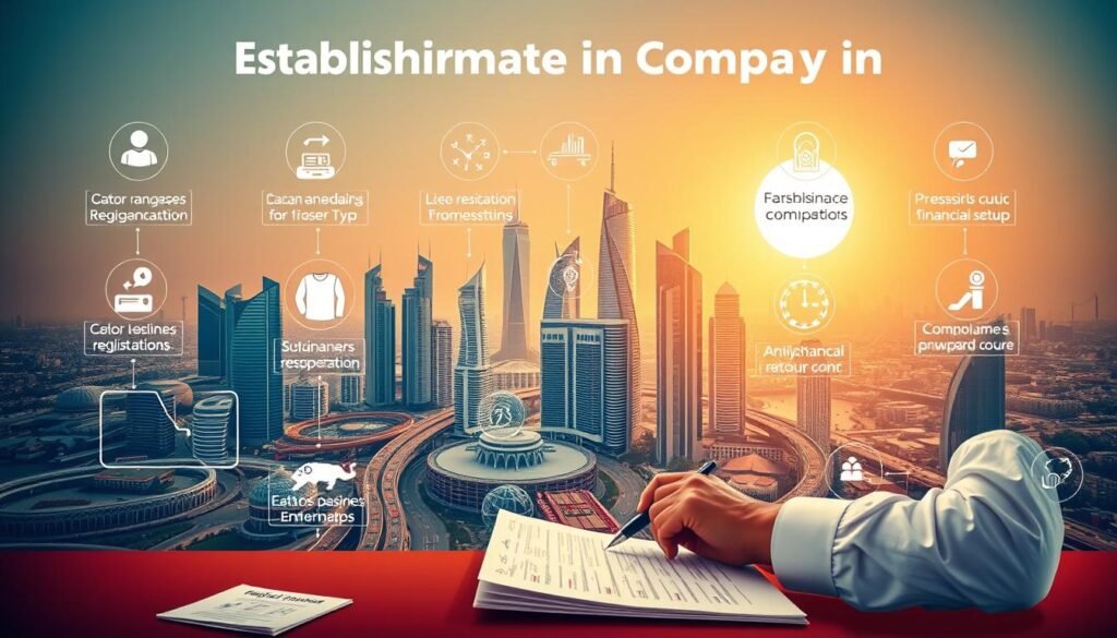 A vibrant, meticulously detailed illustration of the key steps to establishing a company in Qatar. The foreground depicts a person diligently working through a checklist, surrounded by icons representing necessary procedures such as business registration, licensing, and financial setup. The middle ground showcases the bustling cityscape of Doha, with its iconic skyscrapers and infrastructure, conveying the dynamic economic landscape. The background features a warm, golden glow, evoking a sense of opportunity and growth. The overall scene is captured through a wide-angle lens, emphasizing the comprehensive nature of the process, with careful attention to lighting and perspective to create a professional, polished visual narrative.