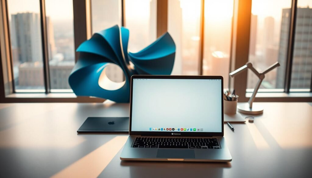 A vibrant, minimalist scene depicting the culture of innovation and design at Apple. In the foreground, a sleek, silver MacBook Pro stands open, its screen displaying a simple, elegant interface. Behind it, a geometric, abstract sculpture in shades of blue and gray evokes the brand's iconic design aesthetic. The middle ground features a tidy, well-organized workspace, with a Wacom tablet, a modern desk lamp, and a handful of neatly arranged office supplies. The background is filled with large windows overlooking a cityscape, bathed in warm, natural light that casts a soft glow over the entire scene. The overall atmosphere conveys a sense of focus, creativity, and the relentless pursuit of perfection that has come to define the Apple brand.