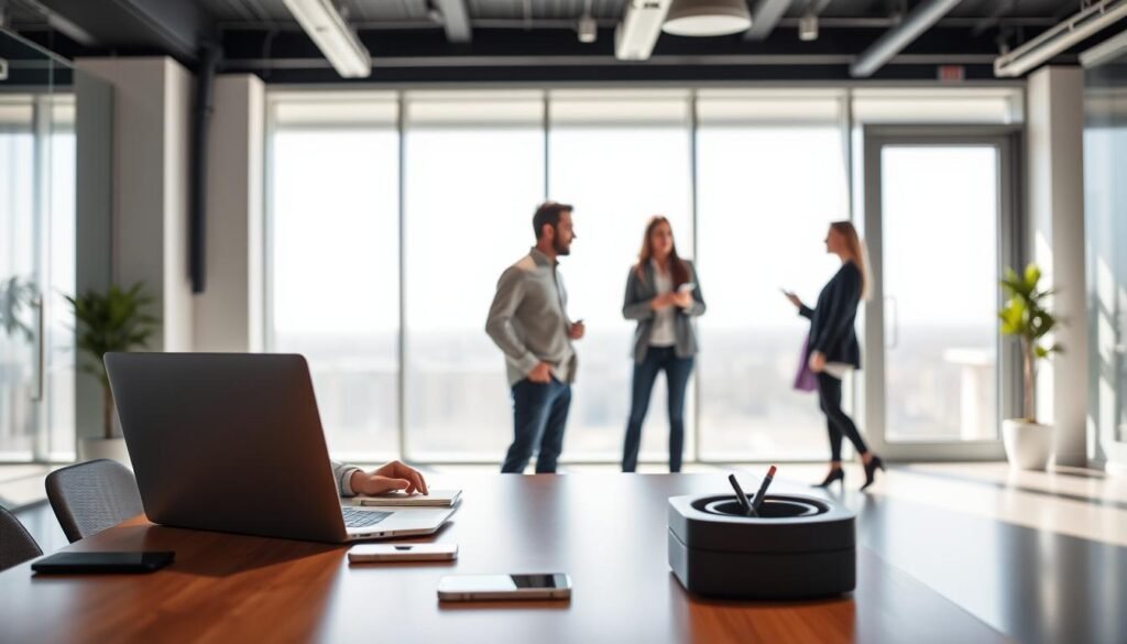 A vibrant, modern office setting with a desk displaying a laptop and smartphone, representing online research methods. In the foreground, a person sits at the desk, deep in concentration. In the middle ground, another person stands, engaged in lively discussion with a colleague, illustrating in-person research. The background showcases a sleek, minimalist interior design with large windows, allowing natural light to flood the space and create a sense of openness and collaboration. The scene conveys a balance between the digital and physical realms of customer discovery, highlighting the unique strengths and considerations of each approach. A vibrant, modern office setting with a desk displaying a laptop and smartphone, representing online research methods. In the foreground, a person sits at the desk, deep in concentration. In the middle ground, another person stands, engaged in lively discussion with a colleague, illustrating in-person research. The background showcases a sleek, minimalist interior design with large windows, allowing natural light to flood the space and create a sense of openness and collaboration. The scene conveys a balance between the digital and physical realms of customer discovery, highlighting the unique strengths and considerations of each approach.