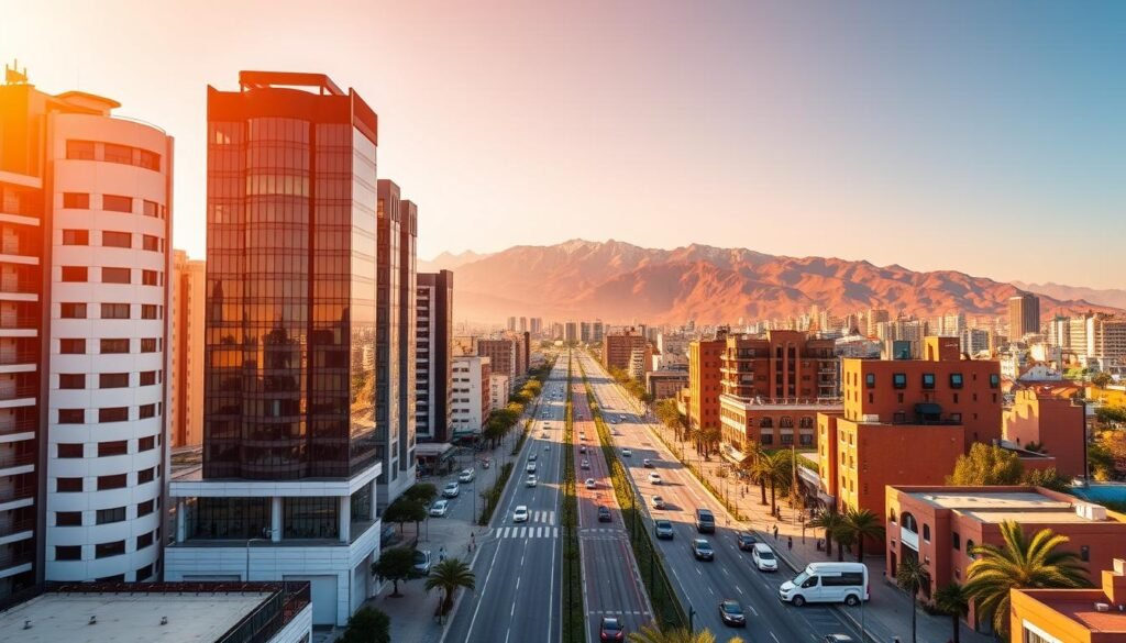 A vibrant panorama of Moroccan corporate entities, showcasing the diverse landscape of public companies. In the foreground, sleek high-rise buildings with modern architectural features, reflecting the dynamic nature of Moroccan businesses. The middle ground depicts a bustling cityscape, with vehicles navigating the streets and pedestrians going about their daily activities. In the background, the iconic Atlas Mountains rise majestically, providing a picturesque backdrop to the scene. The lighting is warm and golden, creating a sense of prosperity and progress. The overall composition conveys the thriving economic environment of Morocco's publicly-traded companies.