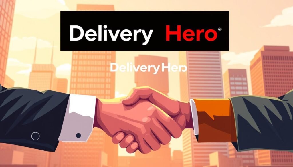 A vibrant, realistic illustration of a corporate acquisition announcement. The foreground depicts a handshake between two executives, representing the deal between Delivery Hero and the acquired delivery company. The middle ground shows the Delivery Hero logo prominently displayed, emphasizing their role as the acquiring entity. The background features a cityscape with tall office buildings, conveying the urban business environment. The scene is illuminated by warm, natural lighting, creating a sense of professionalism and success. The overall composition and mood evoke a sense of achievement, growth, and the expansion of Delivery Hero's delivery service dominance.