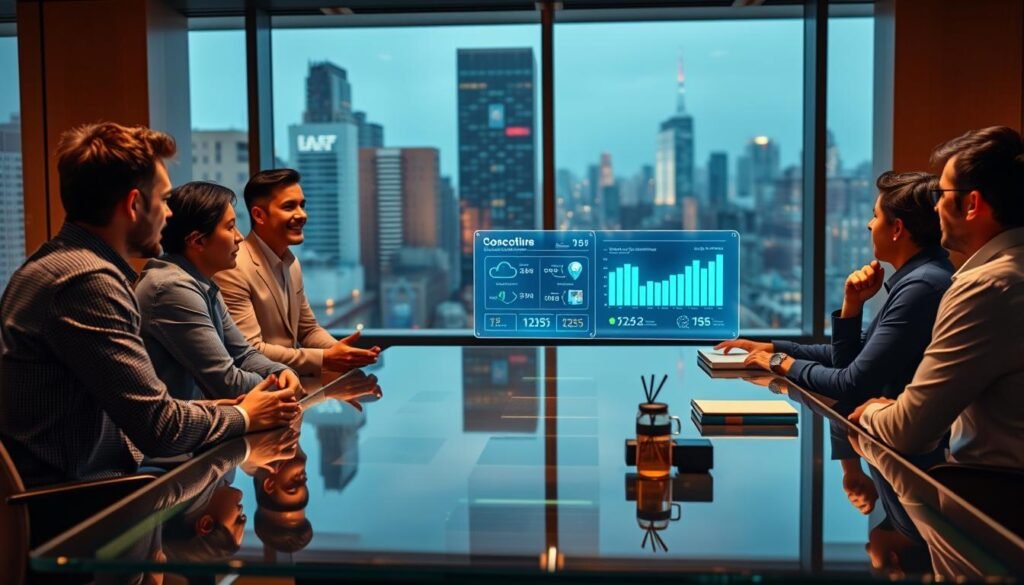 A vibrant startup pitch process unfolding in a modern conference room. In the foreground, a team of founders passionately presenting their business concept to a panel of attentive investors seated around a sleek glass table, illuminated by warm, focused lighting. The middle ground features a holographic display showcasing key data points and visuals, captivating the audience. The background reveals floor-to-ceiling windows overlooking a bustling cityscape, setting the stage for an energetic and high-stakes negotiation. Cinematic angles and a sense of anticipation permeate the scene, capturing the essence of navigating the pivotal startup pitch process.
