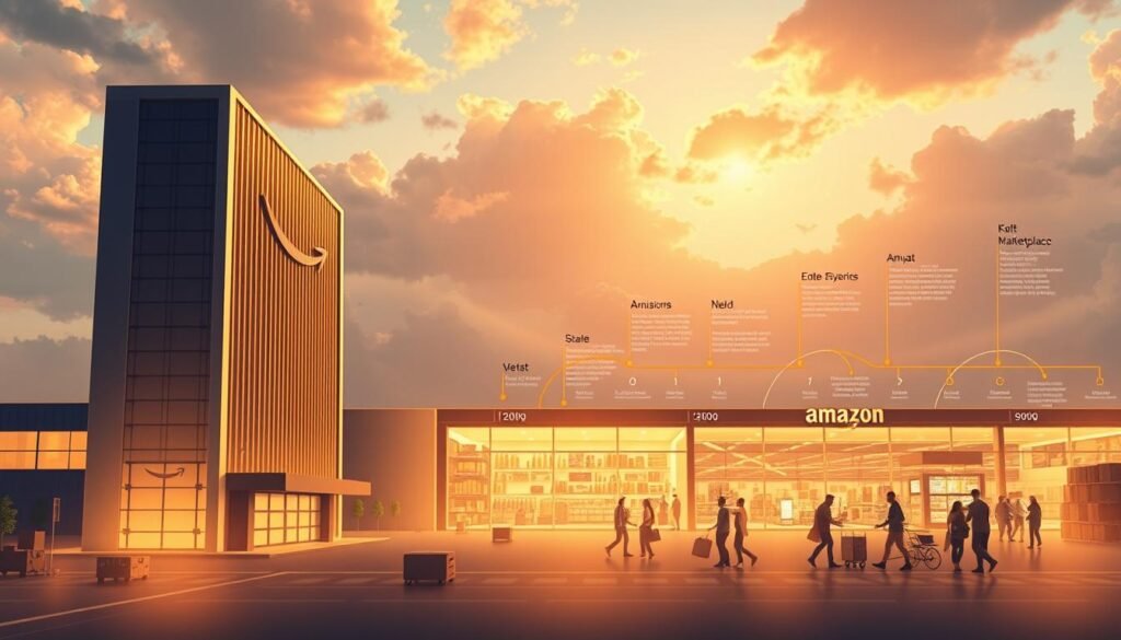 A visually captivating illustration depicting the stages of Amazon's growth and evolution. In the foreground, a sleek, modern fulfillment center stands tall, symbolizing the company's technological prowess and logistics expertise. In the middle ground, a thriving online marketplace bustles with activity, showcasing the diverse range of products available. In the background, a timeline unfolds, charting Amazon's journey from a small online bookstore to a global e-commerce powerhouse, with key milestones and innovations illustrated. The scene is bathed in warm, golden lighting, conveying a sense of prosperity and progress. Capturing the essence of Amazon's remarkable transformation, this image provides a visually compelling representation of the company's remarkable growth story.