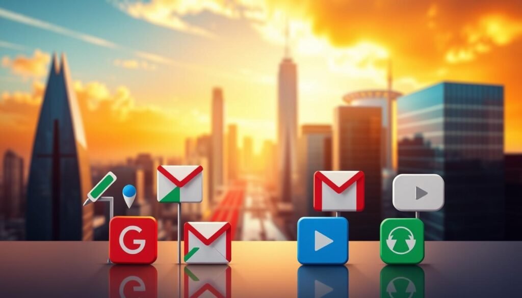 A vivid illustration of the core Google services, showcased against a dynamic backdrop. In the foreground, prominent icons representing essential Google offerings such as Search, Maps, Gmail, and YouTube, meticulously crafted with a clean, minimalist aesthetic. The middle ground features a sleek, modern cityscape, reflecting the global reach and innovation of the tech giant. The background is bathed in a warm, golden glow, evoking a sense of progress and success. The overall composition conveys the breadth and importance of Google's suite of services, cementing its position as a dominant force in the digital landscape.