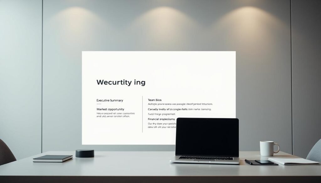 A well-designed pitch deck against a sleek, modern backdrop. In the foreground, a minimalist presentation slide with key essentials highlighted - executive summary, market opportunity, product/service details, team bios, and financial projections. The slide is illuminated by soft, directional lighting, creating depth and emphasizing the content. In the middle ground, a laptop and various office supplies suggest a professional work environment. The background features a gradient of muted tones, perhaps hinting at a corporate conference room or executive office. The overall mood is one of clarity, confidence, and attention to detail - crucial elements for securing venture capital funding.