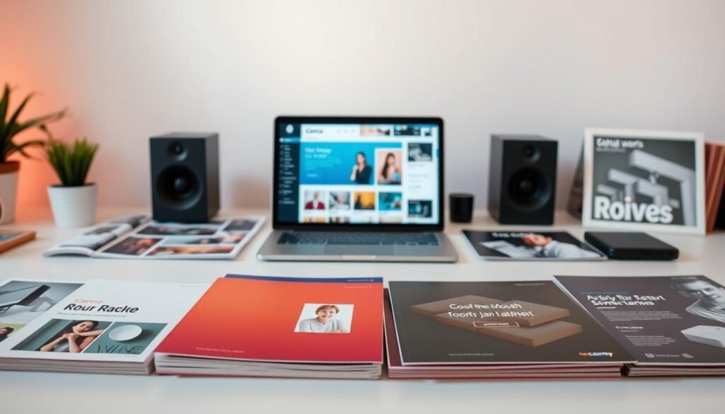 A well-lit and neatly arranged workspace, showcasing an array of Canva's sleek and modern template designs. The foreground features several template options, each with a distinct color palette and layout, displayed on a clean, minimalist desk. In the middle ground, a tablet or laptop screen displays a Canva dashboard, highlighting the user-friendly interface and customization tools. The background subtly blends warm and cool tones, creating a balanced and professional atmosphere, emphasizing the versatility and accessibility of Canva's template offerings.