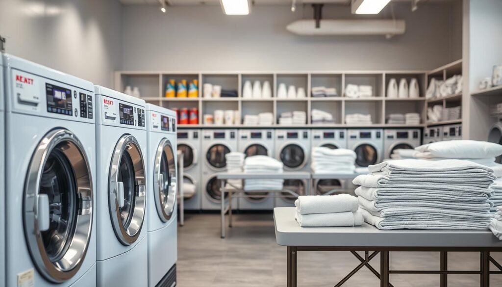 A well-lit, detailed interior shot of a modern laundromat, showcasing the key equipment. In the foreground, pristine front-loading washers and dryers in shades of white and stainless steel, their digital displays illuminated. In the middle ground, folding tables with stacks of neatly folded towels and linens. The background features shelves stocked with detergents, softeners, and other laundry supplies. Soft, diffused lighting creates a clean, inviting atmosphere, highlighting the efficient, commercial-grade nature of the equipment. The overall composition conveys a sense of organization, functionality, and attention to detail essential for a successful laundromat business. A well-lit, detailed interior shot of a modern laundromat, showcasing the key equipment. In the foreground, pristine front-loading washers and dryers in shades of white and stainless steel, their digital displays illuminated. In the middle ground, folding tables with stacks of neatly folded towels and linens. The background features shelves stocked with detergents, softeners, and other laundry supplies. Soft, diffused lighting creates a clean, inviting atmosphere, highlighting the efficient, commercial-grade nature of the equipment. The overall composition conveys a sense of organization, functionality, and attention to detail essential for a successful laundromat business.