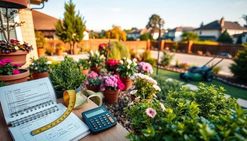 A well-lit, detailed overhead view of a home garden filled with various plants, landscaping tools, and cost estimates. A tape measure, calculator, and notebook are prominently displayed in the foreground, hinting at the financial planning aspect. The middle ground features potted shrubs, flowers, and a small lawnmower, conveying the different elements involved in starting a landscaping business. The background shows a serene suburban neighborhood with houses and trees, providing context. The scene has a warm, welcoming atmosphere, emphasizing the financial preparedness required to launch a successful landscaping startup. A well-lit, detailed overhead view of a home garden filled with various plants, landscaping tools, and cost estimates. A tape measure, calculator, and notebook are prominently displayed in the foreground, hinting at the financial planning aspect. The middle ground features potted shrubs, flowers, and a small lawnmower, conveying the different elements involved in starting a landscaping business. The background shows a serene suburban neighborhood with houses and trees, providing context. The scene has a warm, welcoming atmosphere, emphasizing the financial preparedness required to launch a successful landscaping startup.