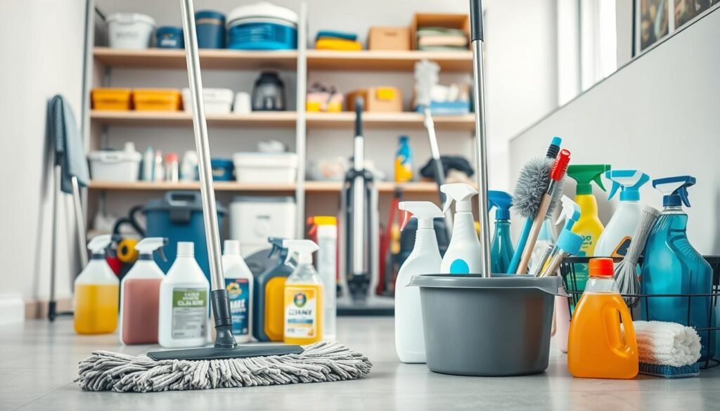 A well-lit, high-angle view of a tidy workspace showcasing an assortment of essential cleaning equipment and supplies. In the foreground, a sturdy mop, a bucket, and a variety of cleaning agents and disinfectants neatly arranged. In the middle ground, a vacuum cleaner, a duster, and a caddy of cleaning tools. The background features shelves stocked with additional supplies, creating a sense of organization and preparedness. The overall atmosphere conveys a professional, efficient, and hygienic environment suitable for a thriving cleaning business. A well-lit, high-angle view of a tidy workspace showcasing an assortment of essential cleaning equipment and supplies. In the foreground, a sturdy mop, a bucket, and a variety of cleaning agents and disinfectants neatly arranged. In the middle ground, a vacuum cleaner, a duster, and a caddy of cleaning tools. The background features shelves stocked with additional supplies, creating a sense of organization and preparedness. The overall atmosphere conveys a professional, efficient, and hygienic environment suitable for a thriving cleaning business.