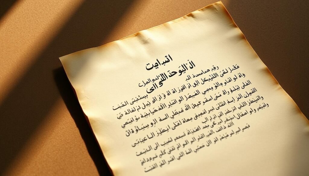 A well-lit, high-contrast legal document with Arabic calligraphy on heavy parchment paper. The text appears in bold, formal script, conveying authority and tradition. Soft, diffuse lighting illuminates the document from above, casting subtle shadows that add depth and dimension. The page is presented at a slight angle, creating a sense of depth and perspective. The background is a muted, earthy tone that complements the aged parchment, suggesting the timeless nature of the subject matter. The overall impression is one of gravitas, precision, and the weight of legal tradition.