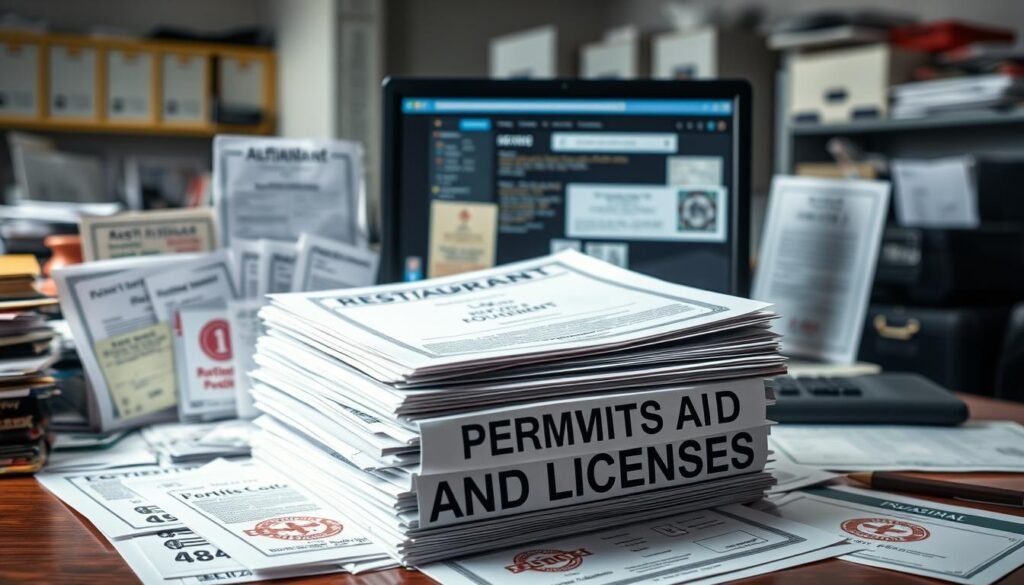 A well-lit, high-resolution image of a desktop cluttered with official-looking documents, certificates, and permits. In the foreground, a stack of papers with "RESTAURANT PERMITS AND LICENSES" prominently displayed. Surrounding the stack, an array of various regulatory forms, seals, and stamps, creating a sense of bureaucratic complexity. The middle ground features a computer monitor displaying government websites, while the background shows a generic office setting with shelves, filing cabinets, and a sense of administrative order. The overall mood conveys the necessary, yet tedious, process of obtaining the required paperwork to open a new restaurant.