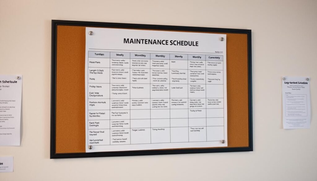 A well-lit, high-resolution photograph of a laundromat maintenance schedule displayed on a clean, organized bulletin board. The schedule is neatly printed on clean white paper with clear, legible text and icons, showcasing the various daily, weekly, and monthly tasks required to keep the laundromat running smoothly. The bulletin board is mounted on a light-colored wall, with a few other relevant notices pinned around it. The scene conveys a sense of efficiency, attention to detail, and commitment to maintaining a well-run laundromat operation. A well-lit, high-resolution photograph of a laundromat maintenance schedule displayed on a clean, organized bulletin board. The schedule is neatly printed on clean white paper with clear, legible text and icons, showcasing the various daily, weekly, and monthly tasks required to keep the laundromat running smoothly. The bulletin board is mounted on a light-colored wall, with a few other relevant notices pinned around it. The scene conveys a sense of efficiency, attention to detail, and commitment to maintaining a well-run laundromat operation.