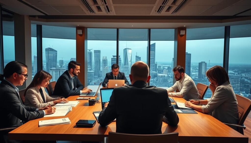 A well-lit, modern office interior with a large conference table in the foreground. Businesspeople are seated around the table, intensely studying documents and laptops, engaged in a detailed discussion. The lighting is warm and professional, with subtle accent lighting highlighting key areas. The background features floor-to-ceiling windows overlooking a bustling city skyline, conveying a sense of importance and prestige. The overall atmosphere is one of serious deliberation, as the venture capitalists carefully scrutinize the startup's financials, projections, and growth potential during the crucial due diligence process.