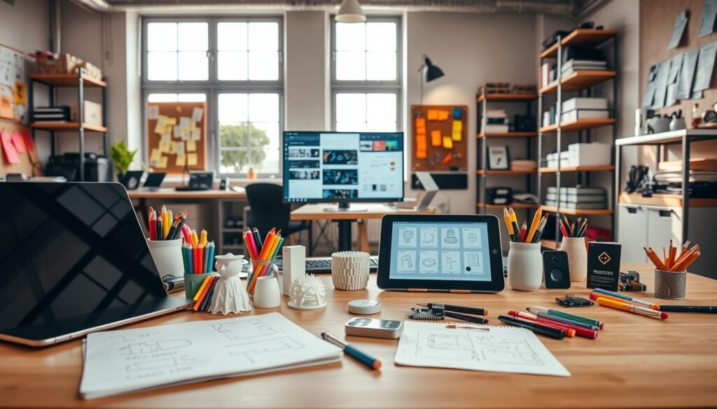A well-lit, modern workspace filled with various prototyping and MVP development tools. In the foreground, a sleek laptop, a sketchpad, and an array of colored markers and pens. In the middle ground, 3D-printed models, a tablet displaying digital wireframes, and a compact development board. The background features a corkboard with sticky notes, a large monitor displaying design software, and shelves stocked with electronic components and development kits. Warm, natural lighting filters through large windows, creating a productive and collaborative atmosphere. A well-lit, modern workspace filled with various prototyping and MVP development tools. In the foreground, a sleek laptop, a sketchpad, and an array of colored markers and pens. In the middle ground, 3D-printed models, a tablet displaying digital wireframes, and a compact development board. The background features a corkboard with sticky notes, a large monitor displaying design software, and shelves stocked with electronic components and development kits. Warm, natural lighting filters through large windows, creating a productive and collaborative atmosphere.