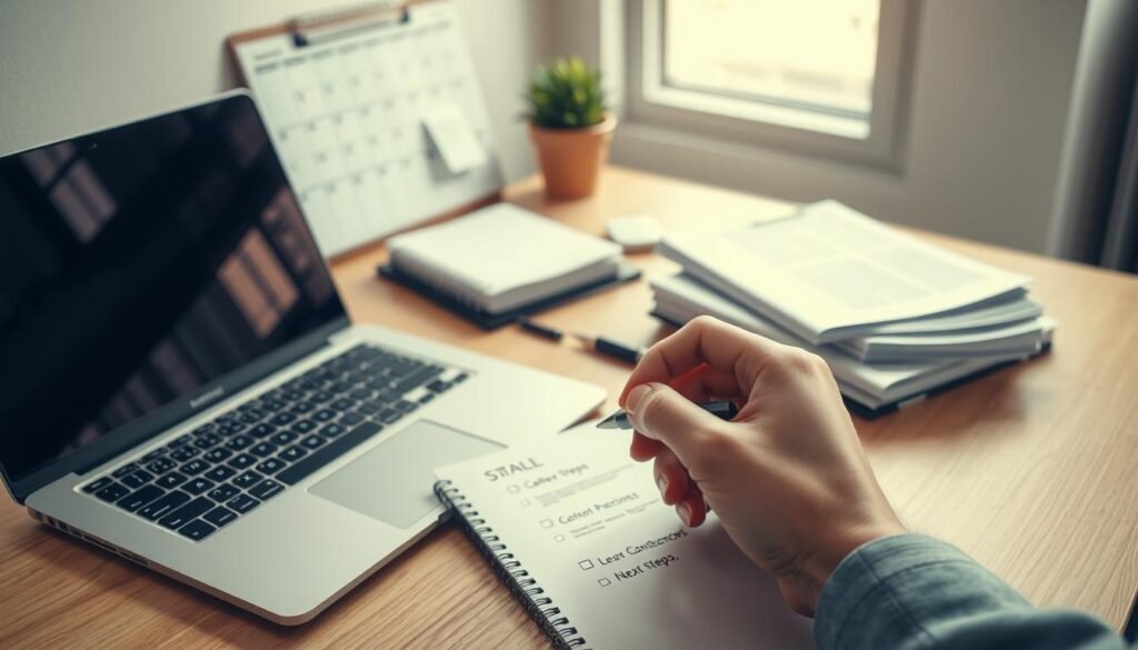A well-lit office desk with a laptop, pen, and a stack of papers. In the foreground, a hand holds a pen and is writing down a list of clear, concise next steps. The background features a calendar, planner, and other organizational tools, suggesting a productive and focused workspace. The lighting is natural, creating a warm and inviting atmosphere, and the angle is slightly elevated to give a sense of clarity and direction. The overall scene conveys a sense of productivity, progress, and a structured approach to follow-up strategies.