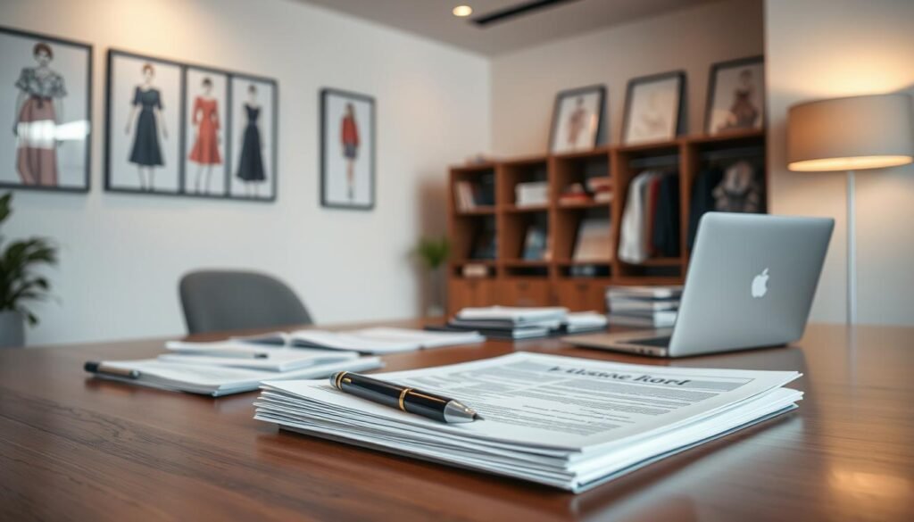 A well-lit office interior with a large wooden desk, neatly organized papers, and a laptop computer. In the foreground, a stack of legal documents and a pen resting on top. The walls are adorned with framed fashion illustrations and certificates, conveying a professional, fashion-focused atmosphere. Soft, warm lighting casts a subtle glow, creating a contemplative mood. The overall scene suggests the careful consideration of legal requirements essential for starting a clothing business.