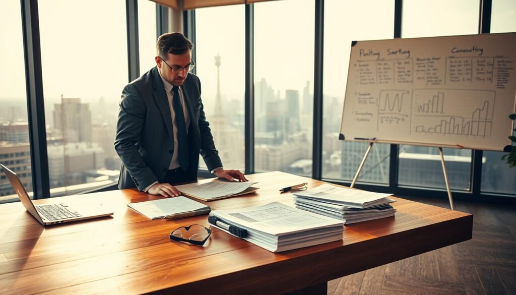 A well-lit office setting, with a large wooden desk at the center. On the desk, a laptop, a stack of documents, and a pair of reading glasses, suggesting a thoughtful analysis of startup investment opportunities. In the foreground, a businessman in a tailored suit, leaning forward with a pensive expression, as if carefully evaluating financial reports. The middle ground features a whiteboard on the wall, covered in scribbled notes and charts, providing context for the investment decision-making process. The background showcases a panoramic city skyline visible through large windows, hinting at the broader economic landscape that influences startup investments. The lighting is warm and professional, creating a sense of focus and seriousness.