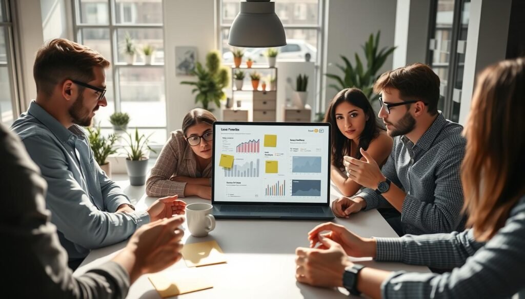 A well-lit, overhead view of a team gathered around a table, intently focused on a laptop screen displaying various user feedback and product analytics. The foreground features hands gesturing, sticky notes, and coffee mugs, while the middle ground showcases the team deeply engaged in discussion. The background depicts a modern, minimalist office space with large windows, potted plants, and modern decor, conveying a sense of collaboration and innovation. The lighting is bright and natural, casting soft shadows and highlighting the team's concentration. The overall mood is one of productive, thoughtful beta testing, as the team works to refine and validate their startup's product or service. A well-lit, overhead view of a team gathered around a table, intently focused on a laptop screen displaying various user feedback and product analytics. The foreground features hands gesturing, sticky notes, and coffee mugs, while the middle ground showcases the team deeply engaged in discussion. The background depicts a modern, minimalist office space with large windows, potted plants, and modern decor, conveying a sense of collaboration and innovation. The lighting is bright and natural, casting soft shadows and highlighting the team's concentration. The overall mood is one of productive, thoughtful beta testing, as the team works to refine and validate their startup's product or service.