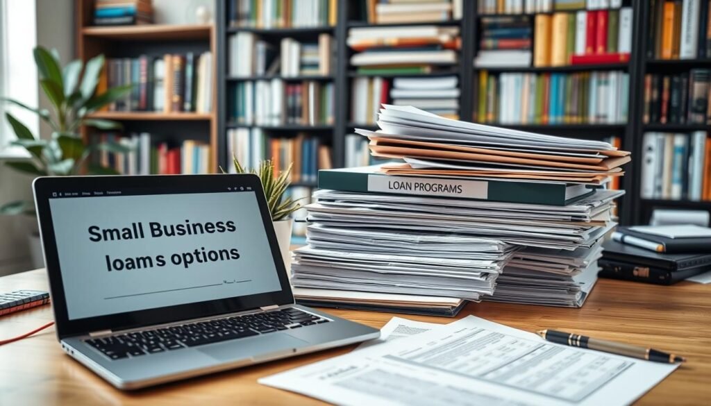 A well-lit, wide-angle shot of a desk showcasing various small business loan options. In the foreground, a laptop displays a loan application form, surrounded by financial documents, a calculator, and a pen. In the middle ground, a stack of folders labeled "Loan Programs" sits next to a small potted plant, conveying a professional, organized workspace. The background features a bookshelf filled with financial and entrepreneurial books, creating a cozy, knowledgeable atmosphere. The overall scene evokes a sense of diligence, research, and the pursuit of funding opportunities for a startup's success.
