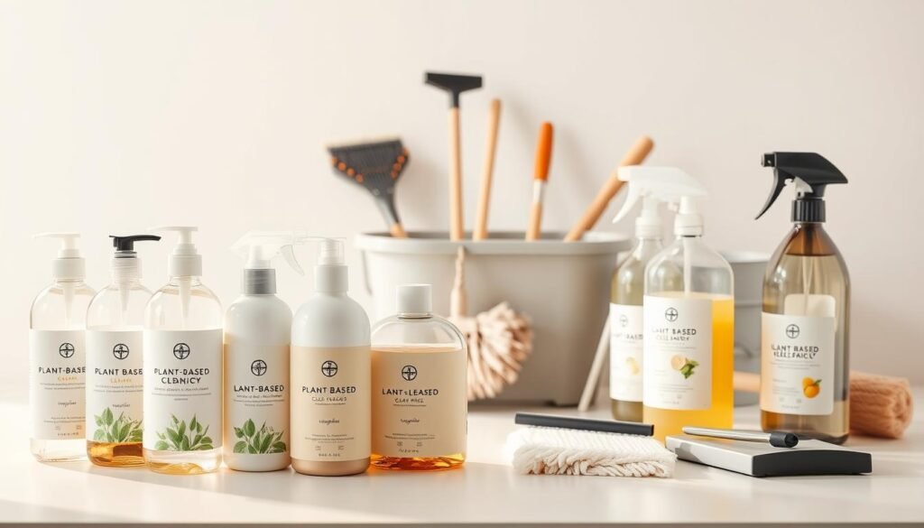 A well-organized collection of modern cleaning supplies on a minimalist white tabletop. In the foreground, a variety of eco-friendly, plant-based cleaning products in sleek, minimalist packaging. In the middle ground, a selection of cleaning tools and implements - a mop, a bucket, a scrub brush, and a squeegee - arranged neatly. The background is a softly-lit, bright white space, evoking a sense of cleanliness and efficiency. Warm, natural lighting casts a gentle glow over the scene, highlighting the high-quality materials and thoughtful design of the cleaning essentials. A well-organized collection of modern cleaning supplies on a minimalist white tabletop. In the foreground, a variety of eco-friendly, plant-based cleaning products in sleek, minimalist packaging. In the middle ground, a selection of cleaning tools and implements - a mop, a bucket, a scrub brush, and a squeegee - arranged neatly. The background is a softly-lit, bright white space, evoking a sense of cleanliness and efficiency. Warm, natural lighting casts a gentle glow over the scene, highlighting the high-quality materials and thoughtful design of the cleaning essentials.