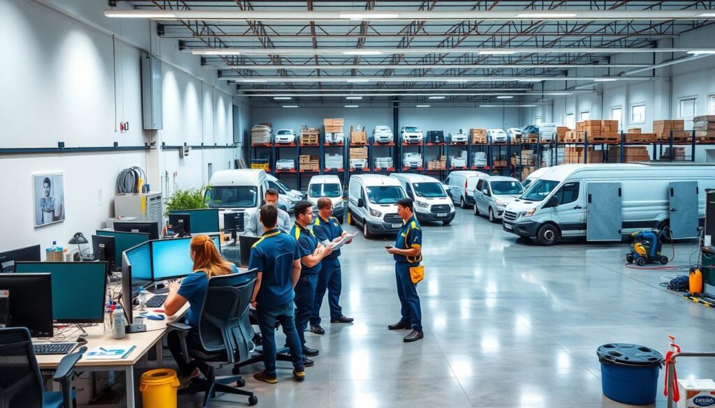 A well-organized, efficiently run cleaning business operations, featuring a spacious office with strategically placed desks, computers, and ergonomic chairs. In the foreground, a team of professional cleaners in uniforms discuss plans, surrounded by cleaning supplies and equipment. The middle ground showcases a fleet of company vehicles, neatly parked and ready for dispatch. In the background, a bright, airy warehouse stores neatly organized inventory, conveying a sense of order and efficiency. Soft, diffused lighting illuminates the scene, creating a harmonious, productive atmosphere. The overall composition evokes a thriving, well-oiled cleaning business poised for success. A well-organized, efficiently run cleaning business operations, featuring a spacious office with strategically placed desks, computers, and ergonomic chairs. In the foreground, a team of professional cleaners in uniforms discuss plans, surrounded by cleaning supplies and equipment. The middle ground showcases a fleet of company vehicles, neatly parked and ready for dispatch. In the background, a bright, airy warehouse stores neatly organized inventory, conveying a sense of order and efficiency. Soft, diffused lighting illuminates the scene, creating a harmonious, productive atmosphere. The overall composition evokes a thriving, well-oiled cleaning business poised for success.