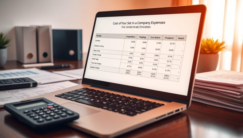 An office desk with various financial documents, calculator, and a laptop displaying a detailed report on the costs of setting up a company in the United Arab Emirates. The desktop is well-organized, with a clean, minimalist design. Warm, directional lighting illuminates the scene, creating a professional and authoritative atmosphere. The composition focuses on the key elements, with the laptop screen as the central focal point, showcasing the breakdown of the company establishment expenses. The background is slightly blurred, keeping the attention on the essential information. An office desk with various financial documents, calculator, and a laptop displaying a detailed report on the costs of setting up a company in the United Arab Emirates. The desktop is well-organized, with a clean, minimalist design. Warm, directional lighting illuminates the scene, creating a professional and authoritative atmosphere. The composition focuses on the key elements, with the laptop screen as the central focal point, showcasing the breakdown of the company establishment expenses. The background is slightly blurred, keeping the attention on the essential information.