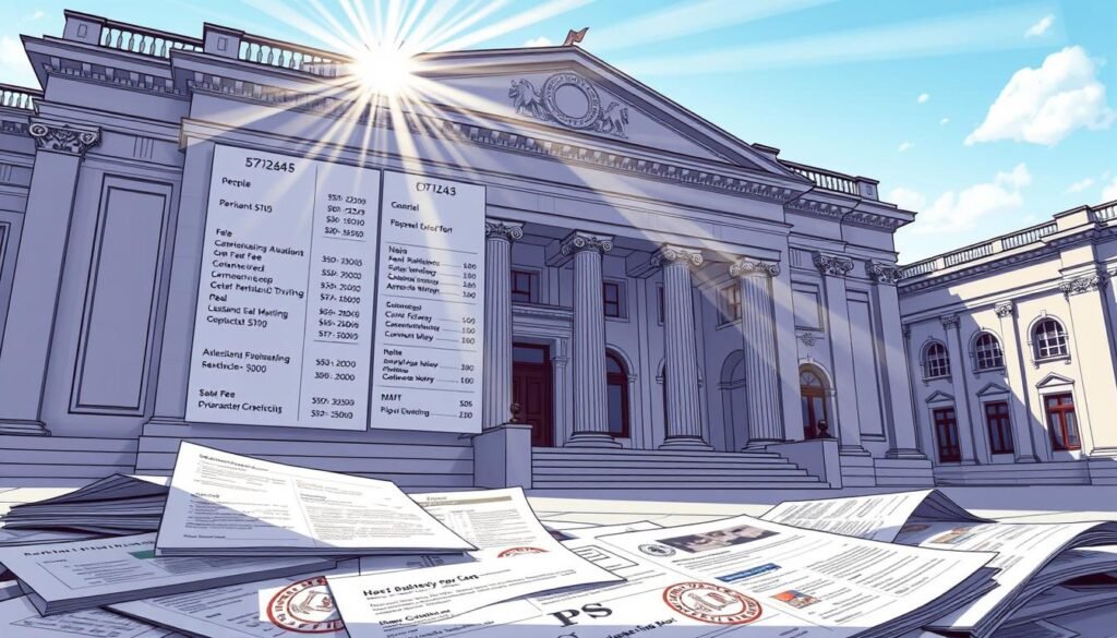 Detailed architectural illustration of a government office building with various fee structures and cost breakdowns displayed on the facade. The building has a classical design with columns, arches, and ornate details. Sunlight streams in through large windows, casting dynamic shadows. In the foreground, official government forms, stamps, and seals are scattered, suggesting the bureaucratic process. The overall mood is one of formal, structured efficiency, though a subtle sense of complexity and red tape is conveyed.