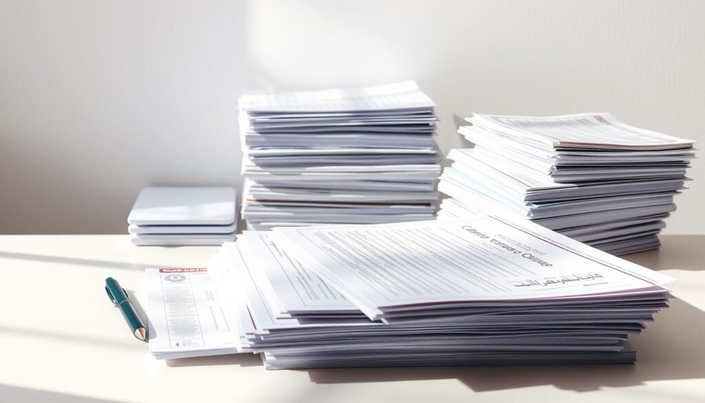 Detailed documentation for company establishment in Qatar, neatly stacked and organized on a minimalist desk. A crisp, well-lit scene with a neutral background, conveying professionalism and attention to detail. Various forms, contracts, and certificates arranged in a visually appealing manner, hinting at the comprehensive process required to start a business. The lighting casts subtle shadows, adding depth and dimension to the composition. The overall atmosphere is one of efficiency, legality, and diligence - essential elements for a successful company launch.