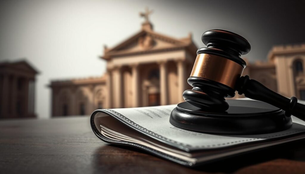 Detailed legal proceedings set against a refined, formal backdrop. Ornate courthouse architecture in the middle ground, with a shallow depth of field drawing the eye to the foreground - a gavel resting atop a leather-bound legal document, partially obscured by shadows. Muted, professional color palette of greys, browns, and deep blues, evoking a sense of gravity and authority. Dramatic side lighting casts dramatic shadows, heightening the sense of importance. The overall composition should convey the weight and significance of the legal process, suitable for illustrating the "Legal Requirements in Saudi Arabia" section of the article.