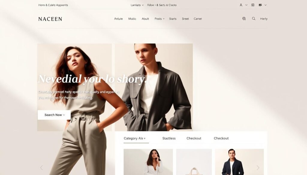 Elegant fashion website, minimalist design with sleek typography. Showcase of high-quality apparel with model shots, product details, and clean background. Warm lighting from above, soft shadows highlighting the textures. Dynamic hero section with a dynamic hero image, smooth transitions to category pages. Intuitive navigation, prominent search bar, and seamless checkout process. Subtle branding elements, social media integration, and responsive layout for desktop and mobile. Convey a sense of luxury, sophistication, and user-friendly experience.