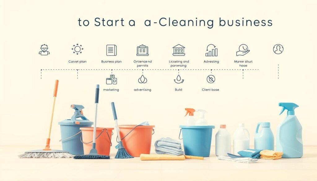Steps to start a cleaning business: a detailed illustration showcasing the key stages, presented in a clean, minimalist style. In the foreground, neatly organized cleaning supplies and equipment, including mops, buckets, and cleaning solutions. In the middle ground, a series of simple icons or silhouettes depicting the essential steps, such as creating a business plan, obtaining licenses and permits, marketing and advertising, and building a client base. The background features a soft, neutral color palette, with gentle highlights and shadows to create depth and a sense of harmony. The overall composition is balanced and visually appealing, guiding the viewer through the process of starting a successful cleaning enterprise. Steps to start a cleaning business: a detailed illustration showcasing the key stages, presented in a clean, minimalist style. In the foreground, neatly organized cleaning supplies and equipment, including mops, buckets, and cleaning solutions. In the middle ground, a series of simple icons or silhouettes depicting the essential steps, such as creating a business plan, obtaining licenses and permits, marketing and advertising, and building a client base. The background features a soft, neutral color palette, with gentle highlights and shadows to create depth and a sense of harmony. The overall composition is balanced and visually appealing, guiding the viewer through the process of starting a successful cleaning enterprise.