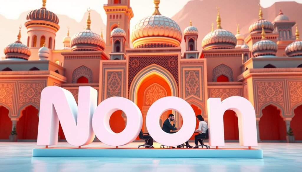 a detailed 3D digital illustration of the early stages of the founding and establishment of the Noon e-commerce platform, set against a warm and vibrant Middle Eastern architectural backdrop. The foreground features the Noon logo and branding elements, conveying a sense of the platform's vision and identity. The mid-ground showcases the initial team of founders and developers, gathered around a table, deep in discussion and collaboration. The background depicts a stylized cityscape with traditional Arabic architecture, including domes, arches, and intricate patterns, creating a rich, culturally authentic setting. The lighting is soft and diffused, evoking a sense of optimism and progress. The overall composition and color palette reflect the innovative spirit and regional heritage that underpins the story of Noon's establishment.
