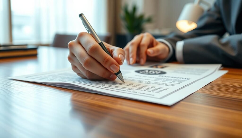 a detailed, high-resolution image of a legal contract document being signed, with a close-up view of two hands holding a pen and signing the contract on a wooden desk. The document should have an official-looking header or logo at the top, and the background should be a clean, professional office setting with subtle lighting from a window or desk lamp. The scene should convey a sense of formality, legality, and the gravity of the legal proceedings, reflecting the "Shurut Qanuniyyah li-Salahiyyat 'Aqd al-Ta'sis" (Legal Conditions for the Validity of the Incorporation Contract) section of the article.