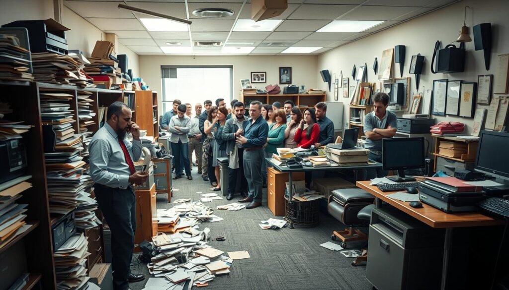 a high-resolution image of a cluttered and disorganized property management office, with scattered paperwork, outdated equipment, and frustrated employees. The foreground shows a harried property manager juggling multiple phones and a laptop, surrounded by overflowing filing cabinets and outdated technology. The middle ground depicts tenants waiting in a long line, their expressions conveying frustration and impatience. The background features a chaotic mix of outdated decor, mismatched furniture, and a general sense of neglect, highlighting the common mistakes in property management. The lighting is harsh and unflattering, casting long shadows and creating a sense of overwhelming disorder. The overall mood is one of stress, inefficiency, and missed opportunities. a high-resolution image of a cluttered and disorganized property management office, with scattered paperwork, outdated equipment, and frustrated employees. The foreground shows a harried property manager juggling multiple phones and a laptop, surrounded by overflowing filing cabinets and outdated technology. The middle ground depicts tenants waiting in a long line, their expressions conveying frustration and impatience. The background features a chaotic mix of outdated decor, mismatched furniture, and a general sense of neglect, highlighting the common mistakes in property management. The lighting is harsh and unflattering, casting long shadows and creating a sense of overwhelming disorder. The overall mood is one of stress, inefficiency, and missed opportunities.