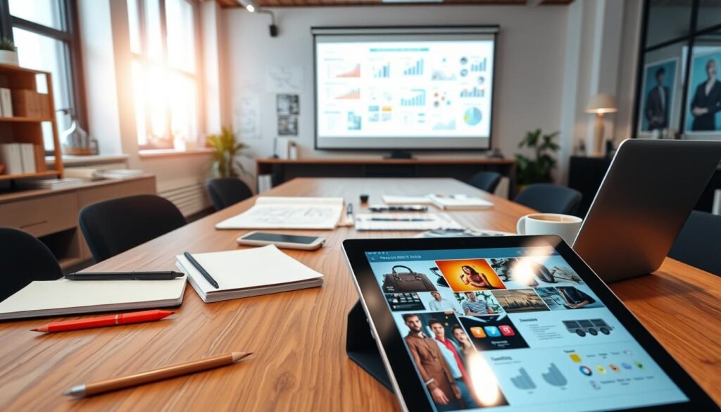 a well-lit office setting with a wooden desk, a laptop, and various stationery items such as notebooks, pens, and a cup of coffee. In the foreground, there is a tablet device displaying a variety of product images and information, suggesting a market research or product trend analysis session. The middle ground features a mood board or whiteboard with handwritten notes, sketches, and sticky notes, indicating an active brainstorming or ideation process. The background showcases a large wall-mounted display or screen, projecting charts, graphs, and data visualizations related to consumer trends and popular products. The overall scene conveys a sense of focused, analytical research and exploration of emerging market opportunities.