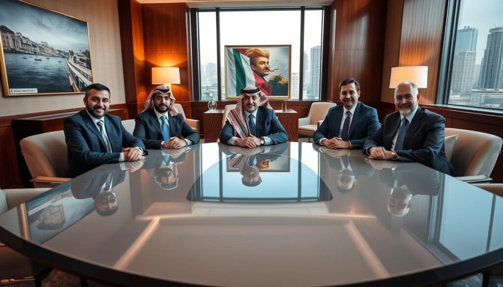 A boardroom filled with confident, poised individuals representing the leadership team of Sanabil Investments, a premier Saudi investment firm. In the foreground, five executives sit around a sleek, polished table, their expressions conveying authority and expertise. Soft, directional lighting highlights their tailored business attire and thoughtful gazes. In the middle ground, the room's sophisticated decor - rich wood paneling, contemporary artwork, and elegant furnishings - reflects the company's refined aesthetic and commitment to quality. The background features large windows overlooking the vibrant cityscape of Riyadh, symbolizing Sanabil's global reach and influence. An atmosphere of professionalism, vision, and financial acumen permeates the scene.