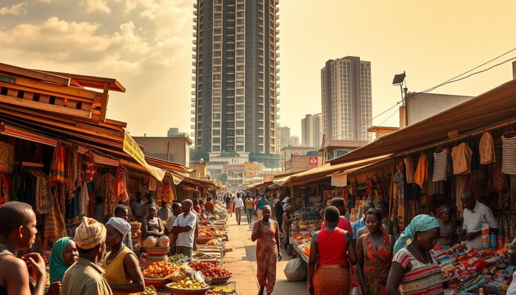 A bustling African open-air market, teeming with vibrant stalls showcasing a diverse array of goods. In the foreground, merchants haggle with customers, their animated gestures and colorful wares creating an energetic atmosphere. In the middle ground, a maze of narrow pathways wind through the market, lined with small shops and vendors selling local produce, textiles, and handcrafted items. The background is dominated by a towering, modern high-rise, symbolizing the expanding venture capital and economic growth in the region. Warm, natural lighting filters through the open-air setting, casting a golden glow over the dynamic scene. The overall composition conveys a sense of opportunity, cultural richness, and the intersection of traditional and contemporary African economies.