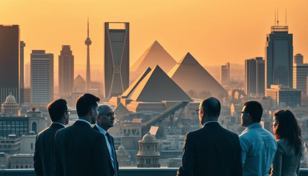 A bustling cityscape of modern skyscrapers and ancient monuments, bathed in warm, golden light. In the foreground, a group of business executives in suits, deep in animated discussion, symbolizing the thriving venture capital ecosystem. In the middle ground, a sleek, futuristic office building with the logo of a prominent investment firm. In the background, the iconic silhouette of the Pyramids of Giza, a timeless reminder of Egypt's rich history and the nation's potential for innovation. The scene conveys a sense of progress, collaboration, and the fusion of old and new, capturing the essence of this significant milestone in Egypt's venture capital landscape.