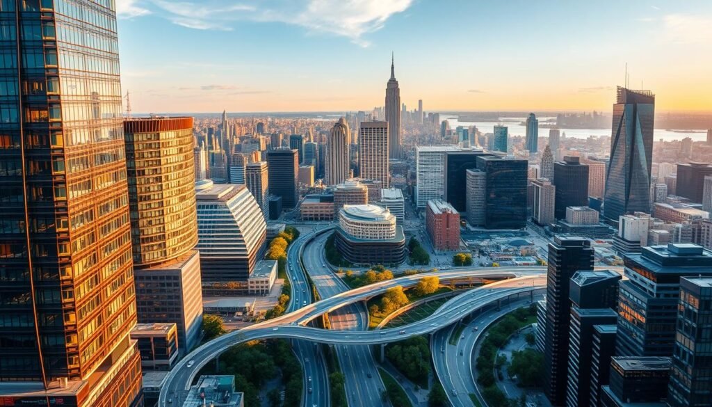 A bustling cityscape of the United States, showcasing the dynamic growth and innovative potential of its markets. In the foreground, gleaming high-rise buildings and modern infrastructure represent the thriving business ecosystem. Cascading through the middle ground, winding roads and bustling pedestrian hubs convey the energy and activity of the urban landscape. In the background, a panoramic view of the city skyline, punctuated by towering skyscrapers and technological hubs, symbolizes the boundless opportunities for innovation and prosperity. Bathed in warm, golden light, the scene exudes a sense of optimism and opportunity, capturing the essence of the growth and innovation within the markets of the United States.